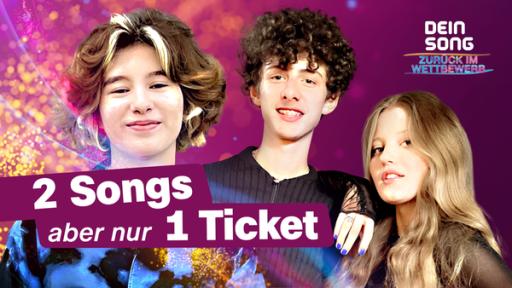 Paula, Lukas und Lisa vor einem lila Hintergrund. Auf dem Bild steht "2 Songs aber nur 1 Ticket".