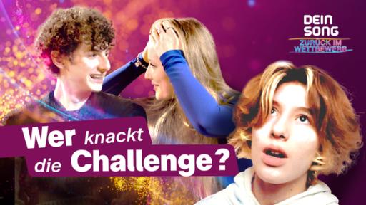 Lukas, Lisa und Paula vor einem lilafarbenen Hintergrund. Auf dem Bild steht "Wer knackt die Challenge?".