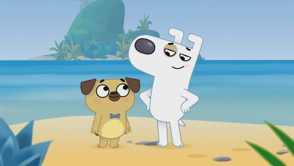 Dog und Puck landen auf einer kleinen Insel und wittern ein Abenteuer. | Rechte: KiKA/Dog Loves Productions Limited 2020