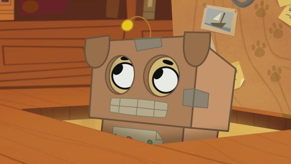 Puck ist nicht zufrieden mit seinem Roboterkostüm. Irgendetwas fehlt. | Rechte: KiKA/Dog Loves Productions Limited 2020