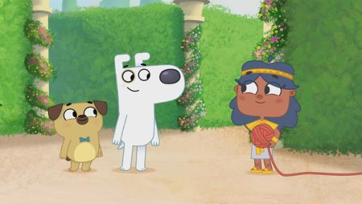 Rechte: KiKA/Dog Loves Productions Limited 2020 In einem verwirrenden Labyrinth begegnen Dog und Puck Tessi, die die beiden herausführen will.