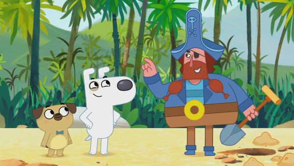 Dog und Puck helfen einem Kapitän dabei, seinen vergrabenen Schatz zu finden. | Rechte: KiKA/Dog Loves Productions Limited 2020
