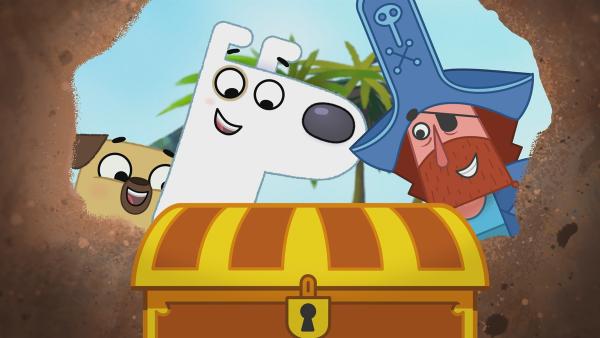 Endlich finden Dog, Puck und der Kapitän die Schatzkiste. Was sich wohl darin versteckt? | Rechte: KiKA/Dog Loves Productions Limited 2020