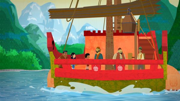 Marco, Shila und Luigi stören den Piratenangriff auf ein Handelsschiff. | Rechte: MDR/MotionWorks/Marco Polo Prod.Inc./Melusine Prod./Magpie 6 Media Ent.Ltd./Monster Ent.Ltd.