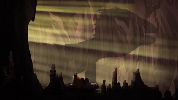Fu Fu, Luigi, Shi La und Marco (v.l.n.r.) erkennen Drachenschatten an der Höhlenwand. | Rechte: MDR/ARD/MotionWorks 2018