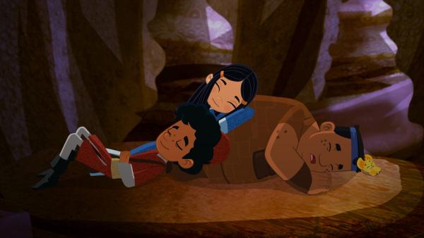 Marco, Shi La, Luigi und Fu Fu (v.l.n.r.) schlafen in der Höhle. | Rechte: MDR/ARD/MotionWorks 2018