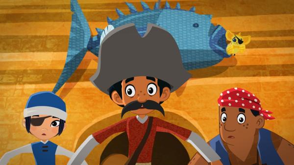 Als Piraten getarnt wollen Shi La, Marco, Fu Fu  und Luigi das Versteck von Käpt'n Haizahn erkunden. | Rechte: MDR/ARD/MotionWorks 2018