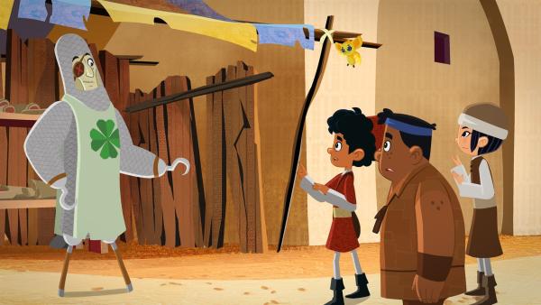 Marco, Luigi, ShiLA und FuFu treffen auf einen Ritter. | Rechte: MDR/MotionWorks