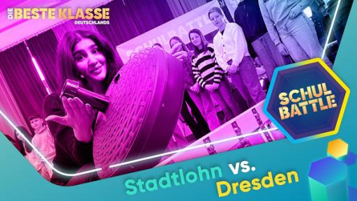 Vorne Dilara nah. Im Hintergrund steht eine Gruppe von Kindern. Unten die Aufschrift Stadtlohn vs. Dresden. Rechts das Schulbattle-Logo.