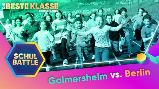 Eine große Gruppe von Kindern rennend. Unten die Aufschrift Gaimersheim vs. Berlin. Links das Schulbattle-Logo.