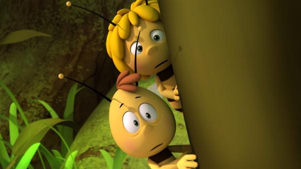 Maja und Willi belauschen einen Plan der Wespen. | Rechte: ZDF/Studio100 Animation