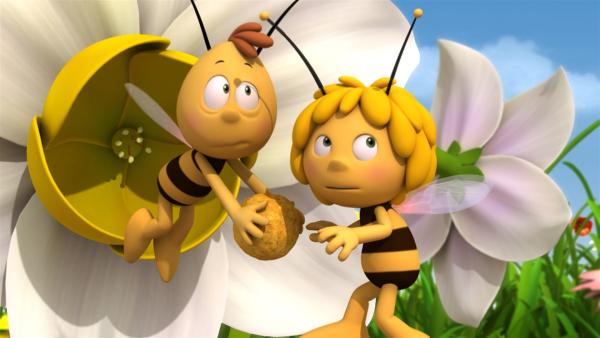 Maja und Willi wollen einen sonnenschönen Pollenball formen. | Rechte: ZDF/Studio100 Animation