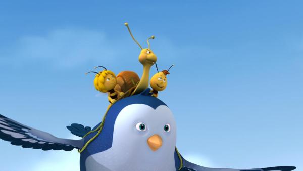 Rufus, Maja und Willi fliegen auf einem Vogel.  | Rechte: Nach Waldemar Bonsels “Die Biene Maja”. © 2012 Studio 100 Animation 