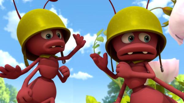 Zwei rote Ameisensoldaten mit grünem Helm fuchteln mit ihren Händen. | Rechte: Nach Waldemar Bonsels “Die Biene Maja”. © 2012 Studio 100 Animation 