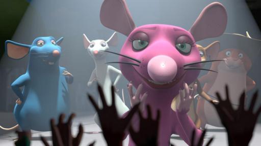 Das fünfte Muskeltier | Rechte: 2021 Caligari Film Ratterichs Schwester Rattelique (vorne rechts) steht zusammen mit den Muskeltieren im Scheinwerferlicht einer Bühne und grinst. Die Muskeltiere stehen hinter ihr und grinsen ebenfalls. Vor ihnen reißen jubelnde Fans die Pfoten in die Luft.