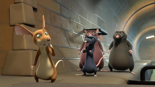Nebel im Kopf | Rechte: 2021 Caligari Film Die Ratte Pomme de Terre (vorne links) hat ihr Gedächtnis verloren und schaut fragend in die Luft. Ratte Ratterich und seine beiden Rattengehilfen (hinten rechts) stehen hinter ihm und warten. Sie befinden sich in der Kanalisation.