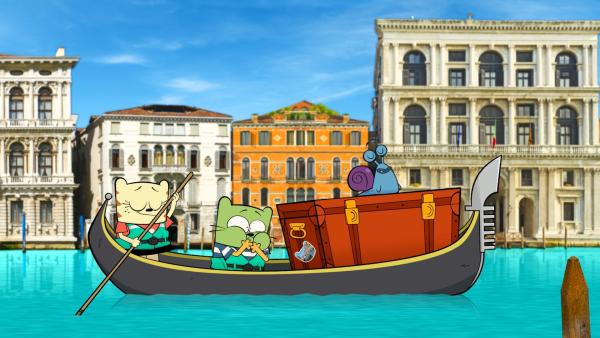 Ollie, Moon und Stanley auf einem Boot in Venedig. | Rechte: BR/Cottonwood Media