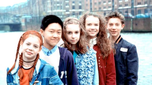 Vivi, Panda, Paul, Katja und Johanna stehen vor einem Fluss und roten Backsteinhäusern.