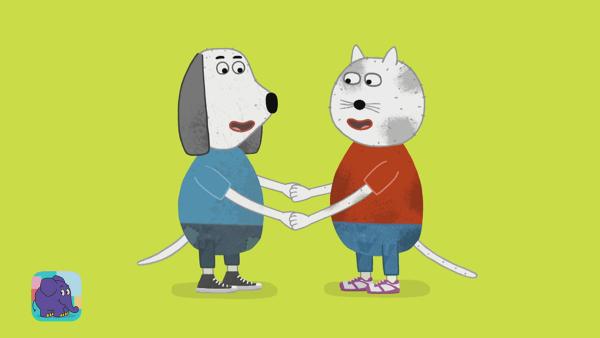 Hund und Katz spielen zusammen ein Klatschspiel, bei dem sie sich gegenseitig in die Hände klatschen müssen. | Rechte: KiKA