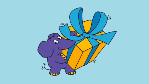 Der Elefant feiert Geburtstag und bekommt tolle Geschenke. 