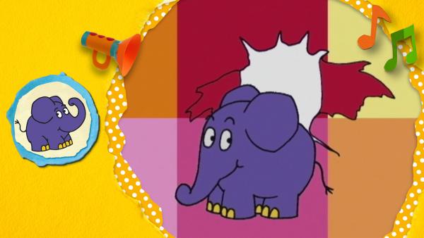 Der Elefant in einem runden Rahmen mit Noten und einem Megaphon. | Rechte: KiKA