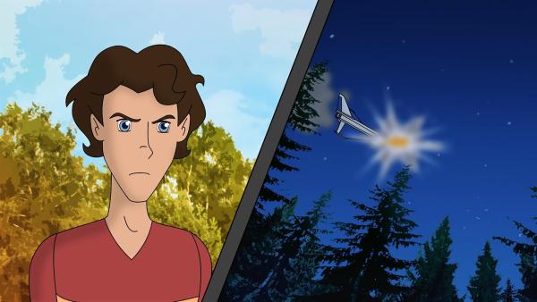  Tim hat nachts beobachtet, wie ein Flugzeug über dem Wald explodiert ist! | Rechte: ZDF/Neue Trickompany