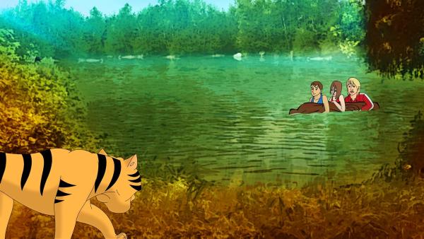 Der Tiger hat die Mädchen im See entdeckt! Das große Bangen - können Tiger schwimmen? | Rechte: ZDF/Neue Trickompany