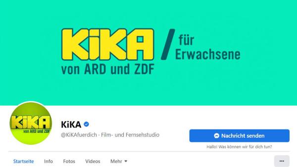 Das Bild zeigt den Kopfbereich der Facebook-Seite von KiKA. Auf dem Header-Bild steht auf türkisfarbenem Untergrund das KiKA-Logo in Gelb. Das Profilbild zeigt das KiKA-Logo in Gelb auf hellgrünem Grund. 