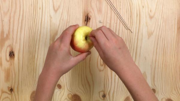 Kinderhände die an einem Apfel den Stiel entfernen