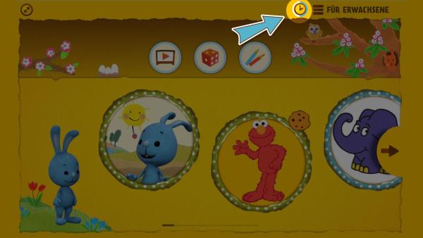 Das Uhr-Symbol oben rechts zeigt Kindern an wie viel Zeit sie zum Spielen und Anschauen von Videos noch haben.