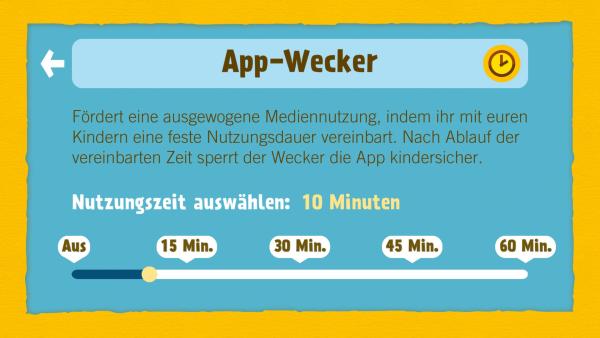 Bild zeigt den Menüpunkt 'App-Wecker'. Hier kann die Nutzungszeit eingestellt werden.