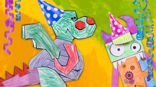 Die Steckfiguren feiern mit bunten Partyhüten und Luftschlangen den Geburtstag von ENE MENE BU. | Rechte: KiKA