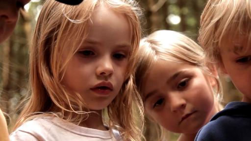 Vier Kinder in Jacken und T-Shirts stehen in einem Wald. Sie schauen gespannt auf dem Boden.