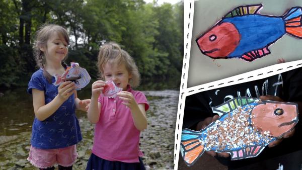 Eine Collage. Kinder zeigen ihre bunten Fischkunstwerke am Wasser. Bilder von gebastelten Fischen.