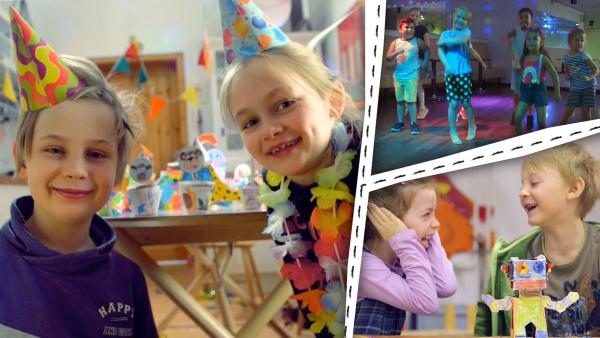 Collage: Kinder feiern fröhlich eine Party, andere Kinder lachen und tanzen.