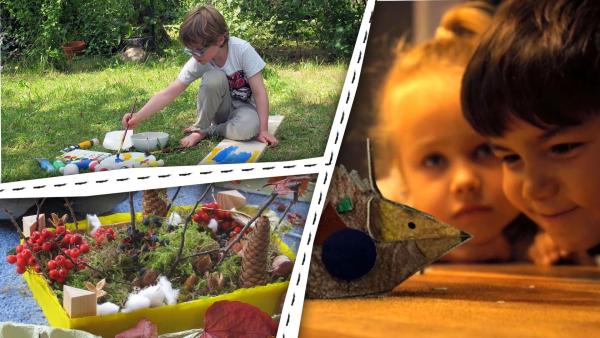 Ein Junge malt auf ein Brett. Eine Natur-Bastellandschaft mit Moos. Zwei Kinder mit Papier-Igel.