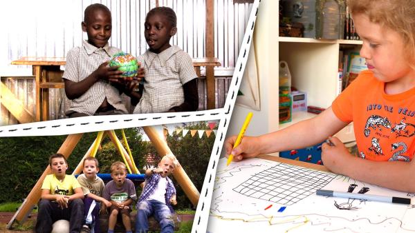 Zwei Kinder mit einem selbstgemachten Ball. Vier Kinder sitzen am Spielplatz. Ein Kind malt.