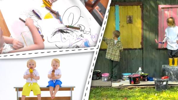 Zwei Kleinkinder essen Eis, zwei Kinder steichen eine Hütte und Kinderhände malen ein Bild.