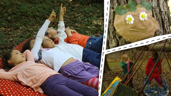 Kinder liegen draußen und zeigen in den Himmel. Zwei Kinder bauen im Wald. Ein Baumgesicht aus Ton.