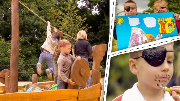 Kinder spielen auf einem Piratenschiff. Zwei Kinder zeigen ihr Bild. Ein Junge wird geschminkt.