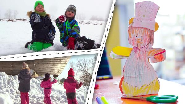 Ein gebastelter Steckschneemann. Zwei Kinder sitzen im Schnee. Eine Kindergruppe hält Schneebälle.