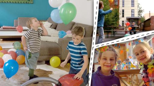 Kinder spielen gemeinsam mit Luftballons. Andere Kinder feiern eine Geburtstagsparty.