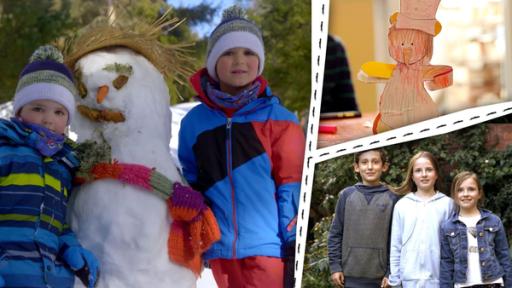 Zwei Jungs stehen bei einem Schneemann, ein Papierschneemann und drei Kinder stehen nebeneinander.