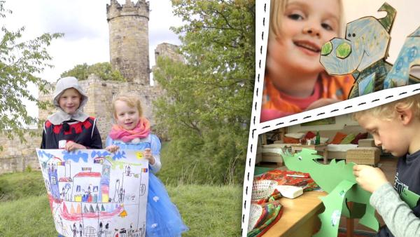 Zwei Kinder stehen vor einer Burg und ein Junge und ein Mädchen basteln einen Steckdrachen.