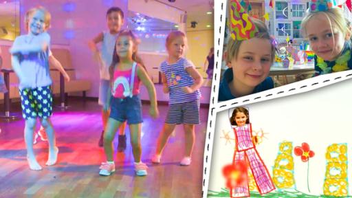 Rechte: KiKA/Motion Works GmbH Kinder tanzen, Kinder haben Partyhüte auf dem Kopf und ein Kind tanzt in einem gemalten Bild.