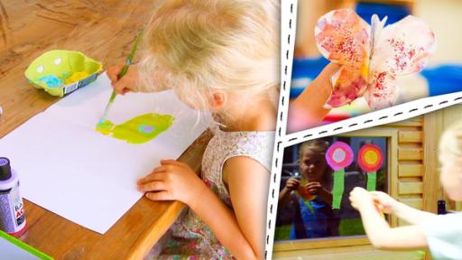 Kinder malen und basteln Schmetterlinge. Ein Mädchen macht Blumen für ihr Fenster.