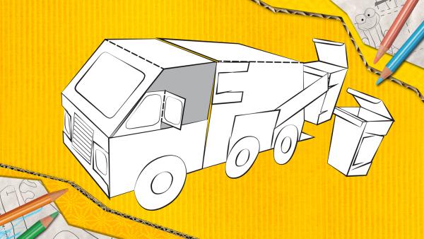 Ein Müllauto zum Basteln, das aus Papier zusammengesteckt und geklebt wird. | Rechte: KiKA