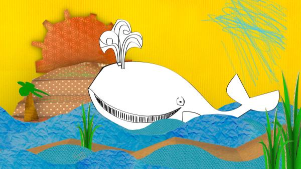 Der gebastelte Wal aus Pappe von ENE MENE BU schwimmt durchs Meer. | Rechte: KiKA