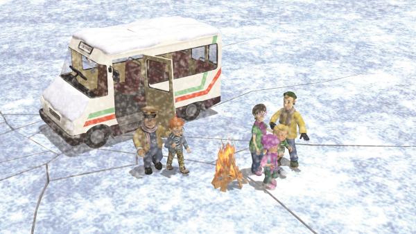 Trevor und die anderen sind mit dem Bus aufs Eis geraten, das nun droht nachzugeben. | Rechte: KiKA/2011 Prism Art & Design Limited