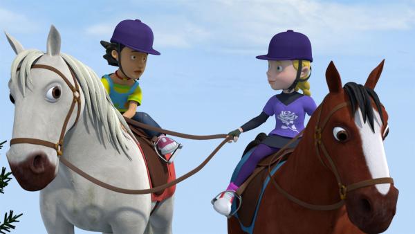 Hat Mandy wirklich schon auf einem Pferd gesessen? Hannah ist sich da nicht so sicher. | Rechte: KiKA/Prism Art & Design Limited
